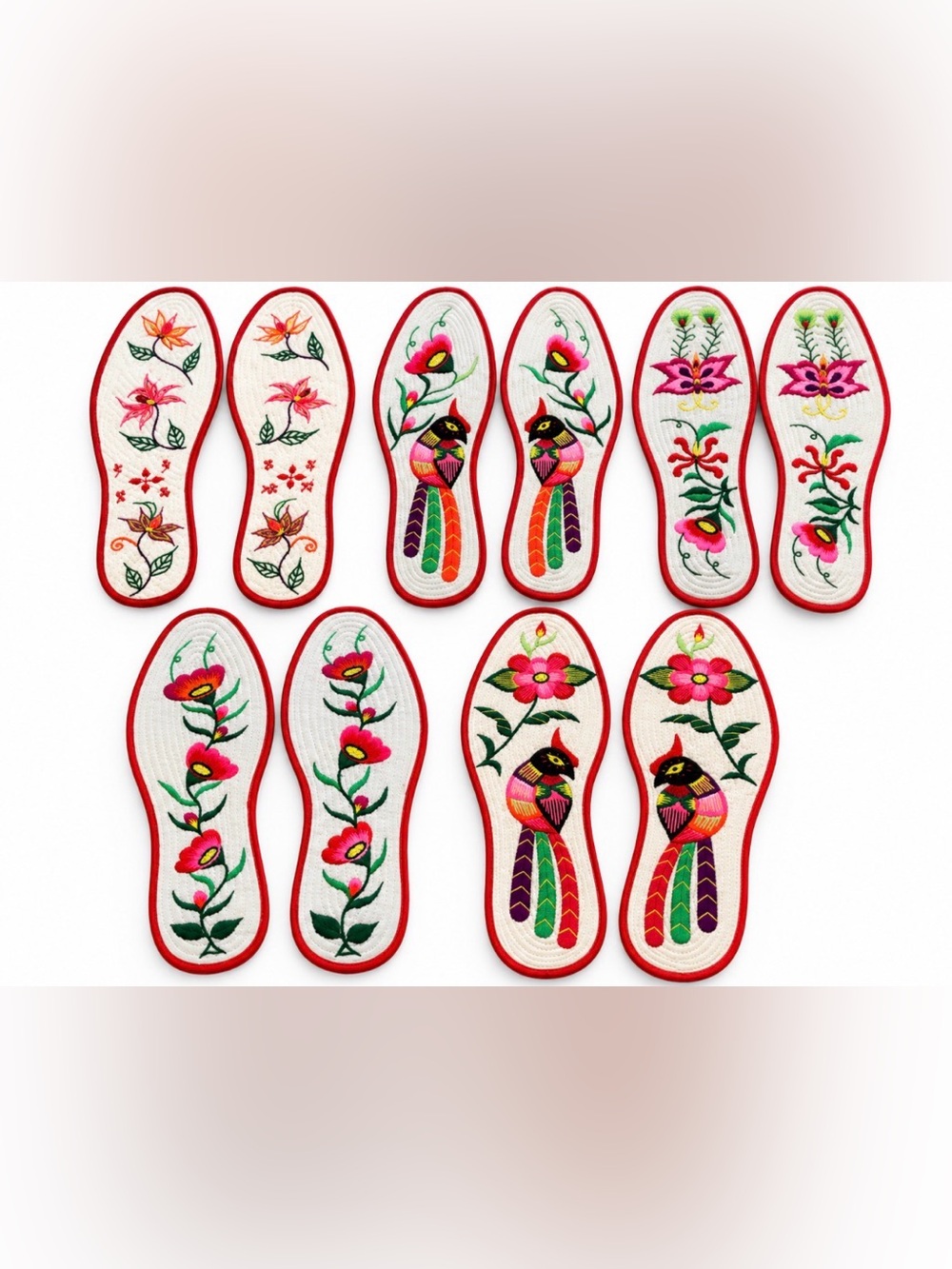 Vintage Chinese Embroidered Shoe Insoles Lot 10 Bird Floral Textile 5 Pairs